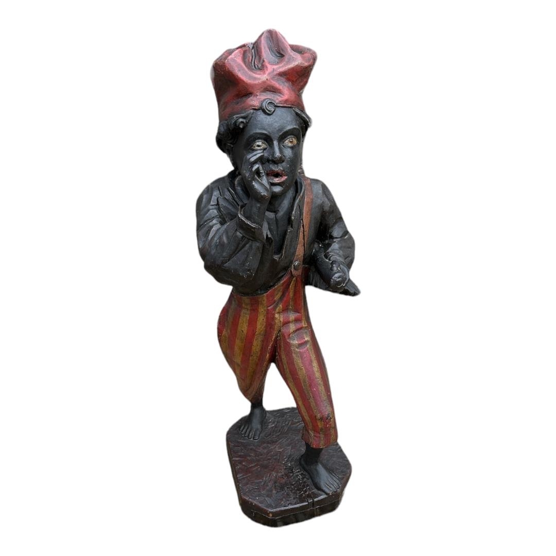 A LATE 19TH CARVED WOODEN CENTURY VENETIAN BLACKAMOOR CHIMNEY SWEEP With glass eyes and