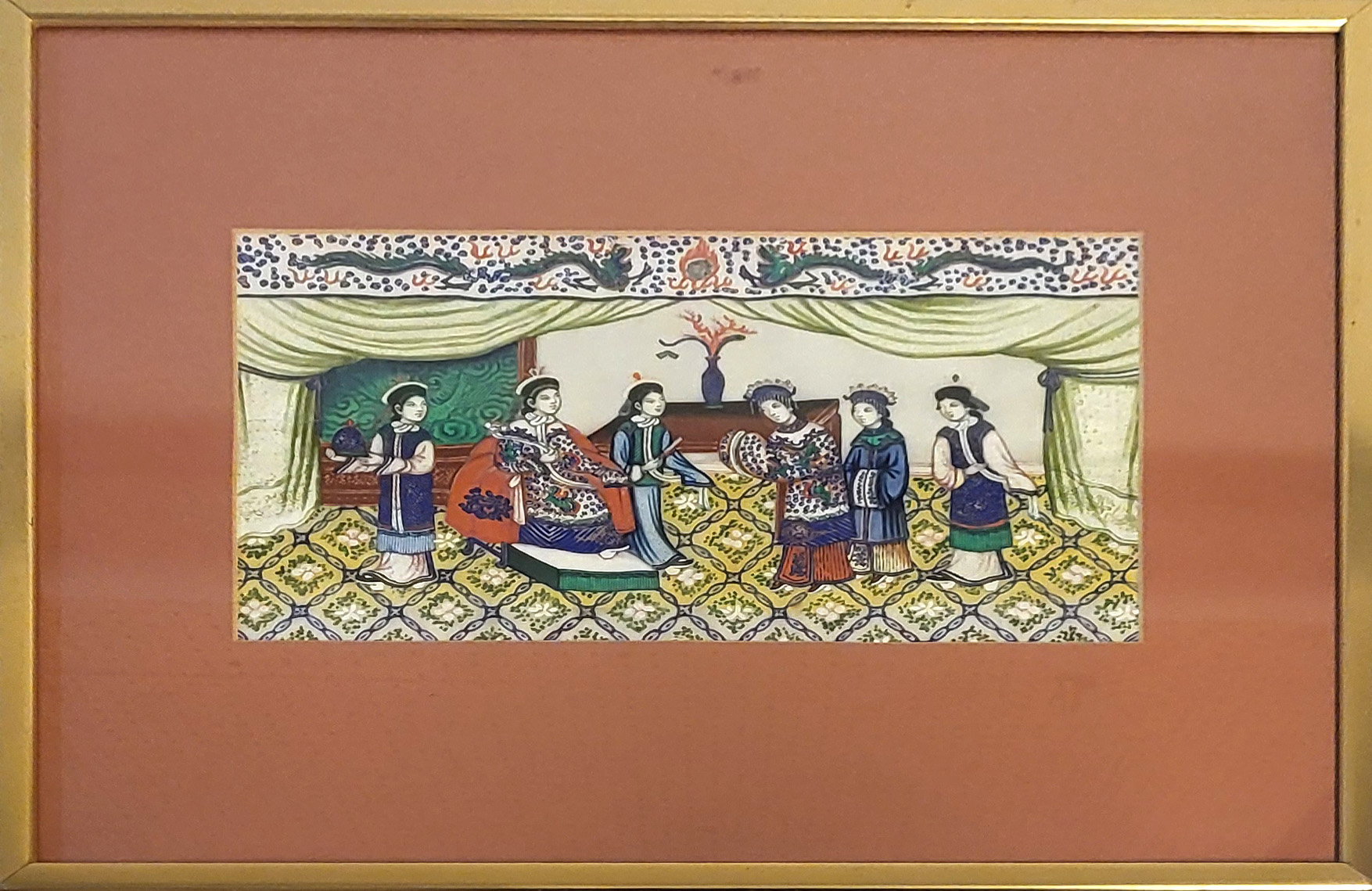 A 20TH CENTURY INDIAN SILK PAINTING, DEPICTING ORNATELY DRESSED NATIVES BATTLING A LION AND TIGER