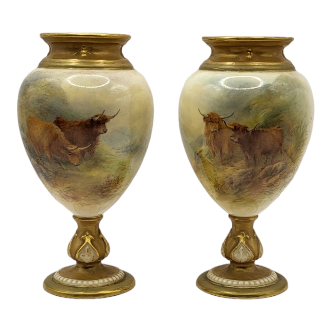 HARRY STINTON FOR ROYAL WORCESTER, A PAIR OF PORCELAIN GLOBULAR VASES Dated 1918 and 1919, both in