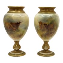 HARRY STINTON FOR ROYAL WORCESTER, A PAIR OF PORCELAIN GLOBULAR VASES Dated 1918 and 1919, both in