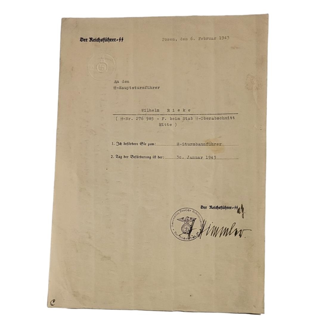 WWII INTEREST, WWII Third Reich SS Promotion document hand signed by Reichfuhrer SS Heinrich - Image 3 of 7