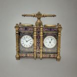 A 19TH CENTURY FRENCH STYLE GILT BRONZE DOUBLE-CLOISONNÉ CARRIAGE CLOCK Two adjacent bevelled