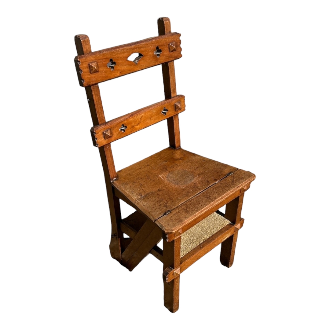 A VICTORIAN WALNUT GOTHIC METAMORPHIC CHAIR. (43cm x 37cm x 90cm) Condition: some marks