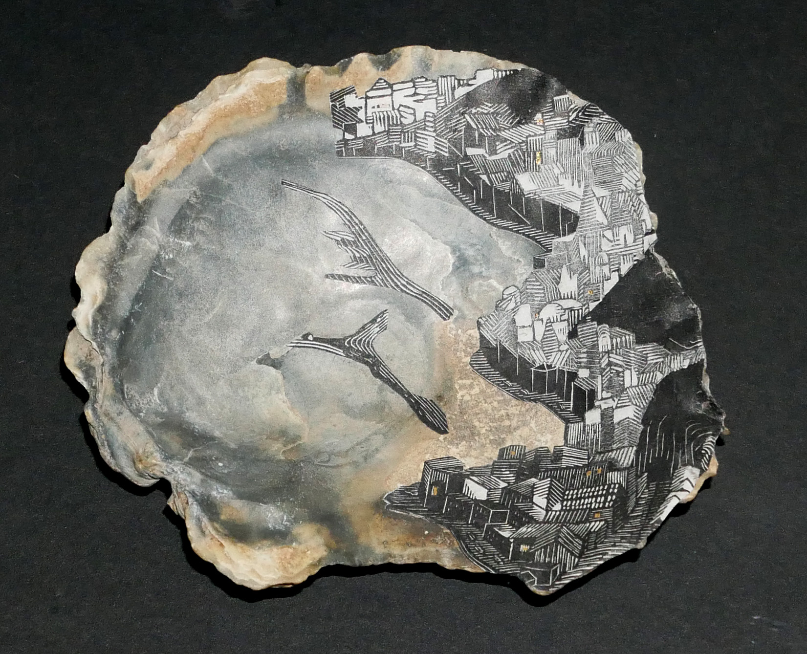 ANNE DESMET, COLLAGE ON SEASHELL Titled ‘Coastline’, 2003, signed below, dated verso, framed and