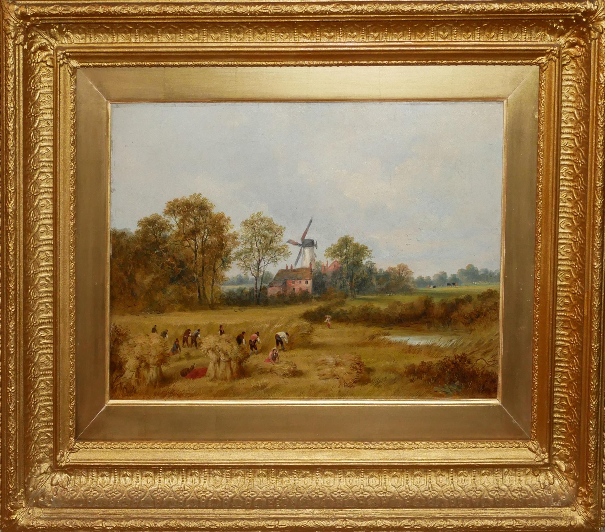 A VICTORIAN OIL ON BOARD, LANDSCAPE, HAYMAKERS WITH WINDMILL Indistinctly signed lower left, in a - Image 2 of 4