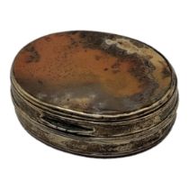A 19TH CENTURY WHITE METAL AND HARDSTONE OVAL SNUFF BOX The frame engraved 'Let The Deed Shaw'. (