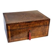 AN EARLY 19TH CENTURY BURR WALNUT AND ROSEWOOD JEWELLERY BOX Inlaid star to lid with cross