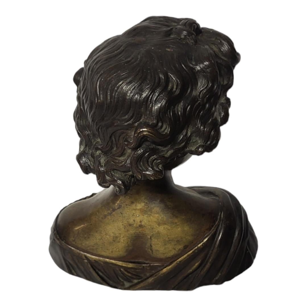 A LATE 19TH CENTURY FRENCH PATINATED BRONZE BUST OF L’AMOUR, A YOUNG GIRL WITH CURLY HAIR AND - Image 2 of 3