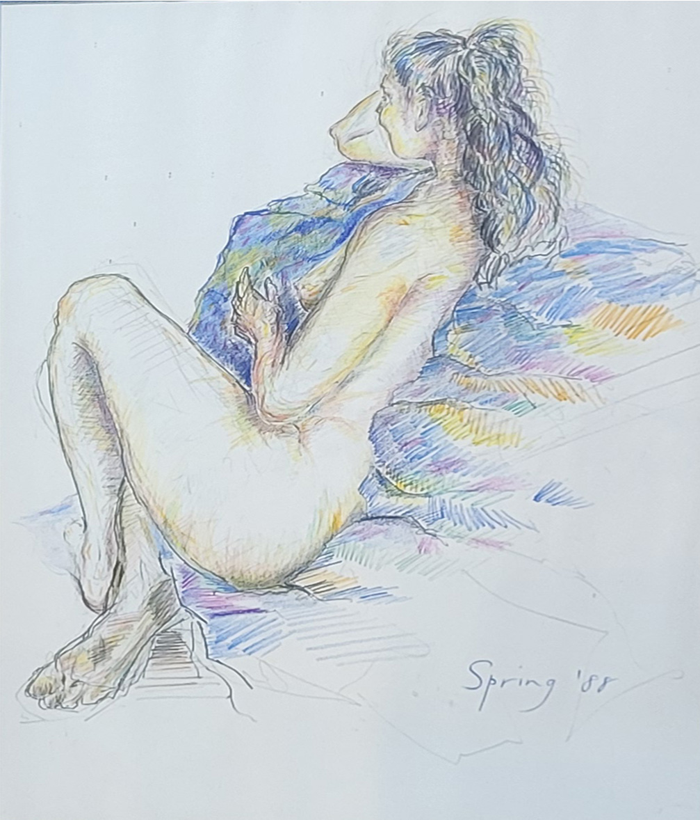 CHRIS SPRING, A 20TH CENTURY PASTEL NUDE STUDY Reckoning female on a pale blue pallet ,signed