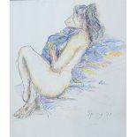 CHRIS SPRING, A 20TH CENTURY PASTEL NUDE STUDY Reckoning female on a pale blue pallet ,signed