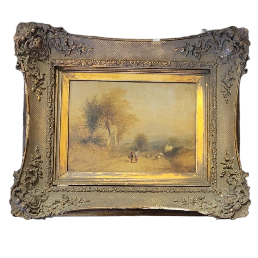 A 19TH ENGLISH SCHOOL OIL ON PANEL, SHEPARD’S ON A COUNTRY PATH WITH SHEEP Unsigned, gilt framed. ( - Image 2 of 5
