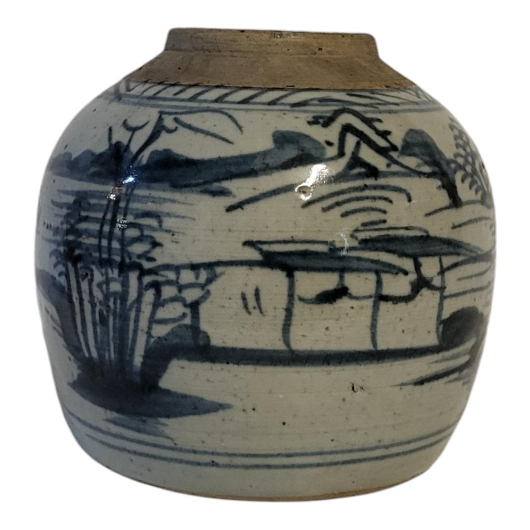 A CHINESE QING DYNASTY BLUE AND WHITE GINGER JAR Underglaze monochrome painted with provincial naive - Image 3 of 9