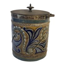 ELIZA SIMMANCE FOR DOULTON LAMBETH, 1873 - 1928, A LATE 19TH CENTURY STONEWARE BISCUIT BARREL With
