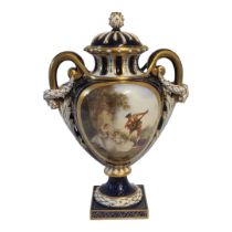 HAWKINS FOR ROYAL WORCESTER, AN IMPRESSIVE AMPHORA SHAPED JEWELLED PEDESTAL LIDDED VASE AND COVER