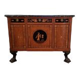 AN ITALIAN SATINWOOD AND MARQUETRY INLAID NEOCLASSICAL INSPIRED SIDE CABINET The green marble top