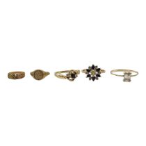 A COLLECTION OF VINTAGE 9CT GOLD AND GEM SET DRESS RINGS To include a signet ring with George and