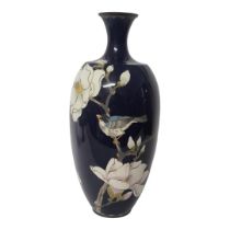 A LATE 19TH CENTURY JAPANESE MEIJI PERIOD BLACK ENAMEL CLOISONNÉ VASE With everted neck and rim,