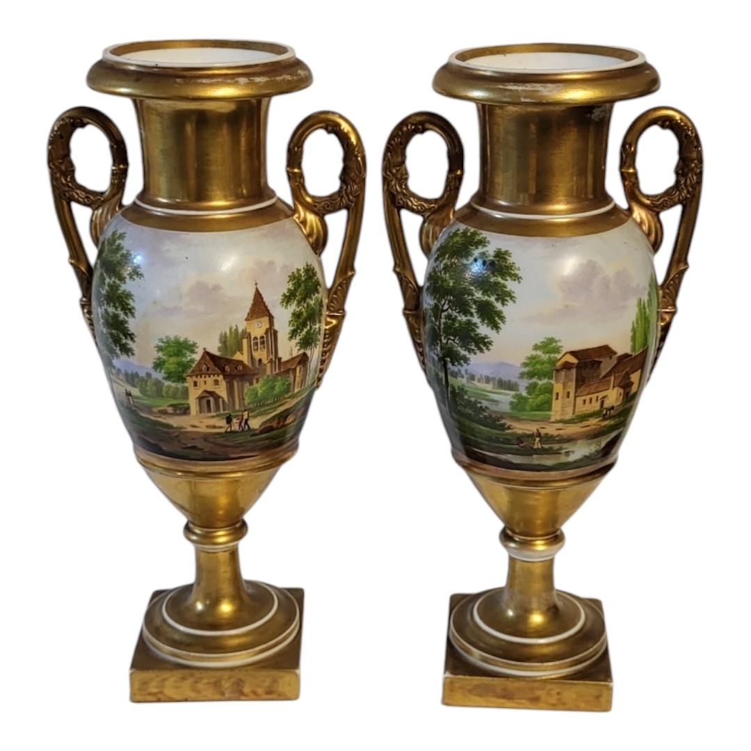 A PAIR OF EARLY 19TH CENTURY CONTINENTAL PORCELAIN CAMPANA SHAPED TWIN HANDLED PEDESTAL VASES - Bild 6 aus 15
