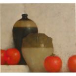 TERRY WHYBROW, BRITISH, 1932 - 2020, OIL ON PAPER Still life, pots and tomatoes, 2002, signed, dated