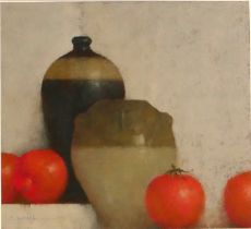 TERRY WHYBROW, BRITISH, 1932 - 2020, OIL ON PAPER Still life, pots and tomatoes, 2002, signed, dated