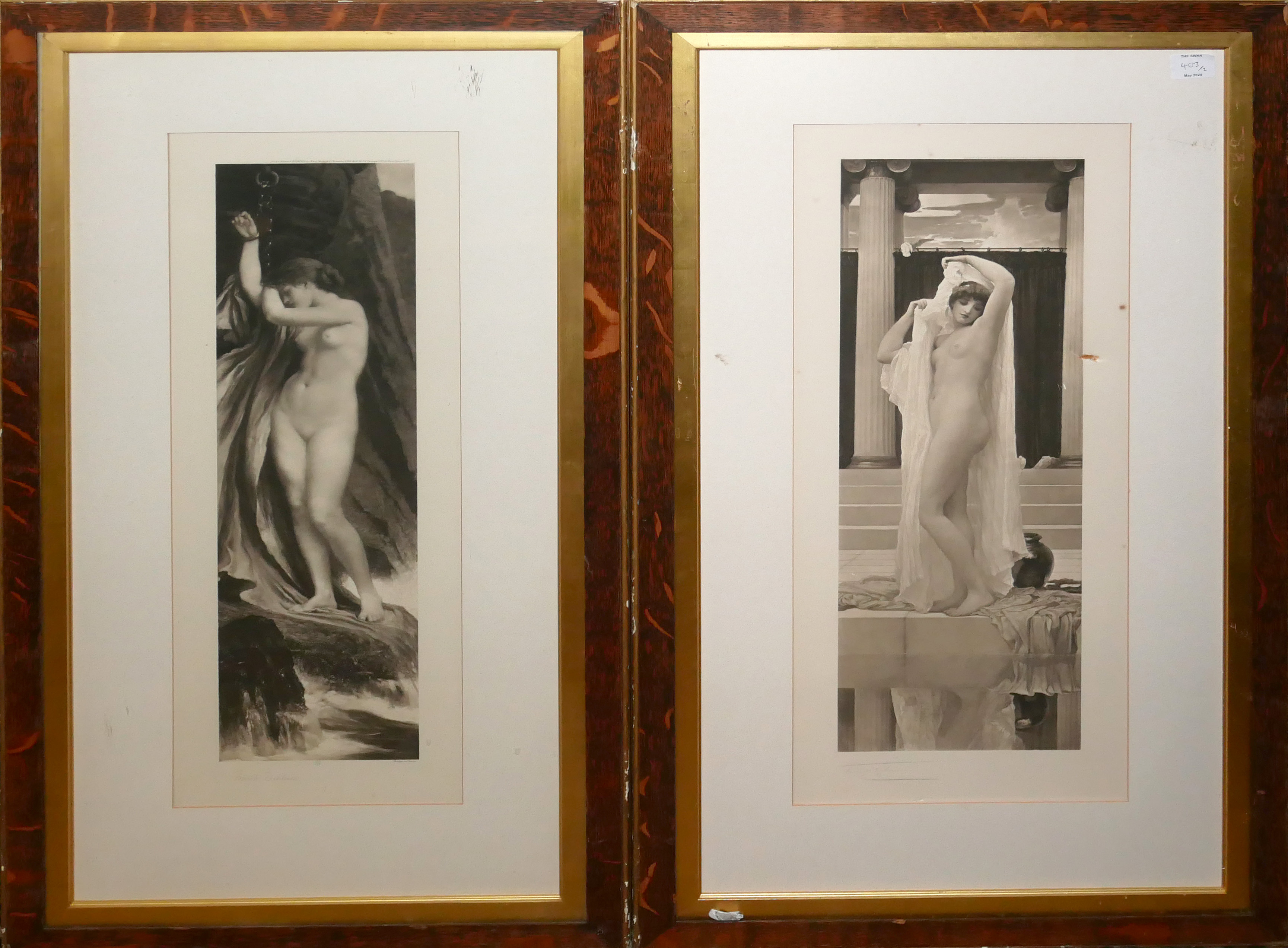 A PAIR OF ART NOUVEAU SEPIA PORTRAIT PRINTS, TWO FEMALE NUDES IN STANDING POSE In pencil on embossed