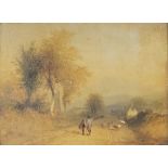 A 19TH ENGLISH SCHOOL OIL ON PANEL, SHEPARD’S ON A COUNTRY PATH WITH SHEEP Unsigned, gilt framed. (