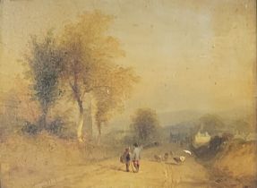 A 19TH ENGLISH SCHOOL OIL ON PANEL, SHEPARD’S ON A COUNTRY PATH WITH SHEEP Unsigned, gilt framed. (