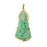 A CHINESE 18CT GOLD, DIAMOND AND JADE PENDANT Carved seated pose, edged with round cut diamonds,