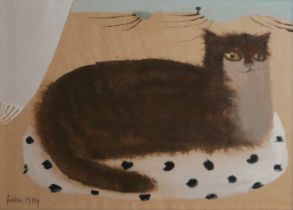 MARY FEDDEN, R.A. BRITISH, 1915 - 2012, WATERCOLOUR Reclining cat, signed lower left corner ‘
