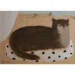 MARY FEDDEN, R.A. BRITISH, 1915 - 2012, WATERCOLOUR Reclining cat, signed lower left corner ‘