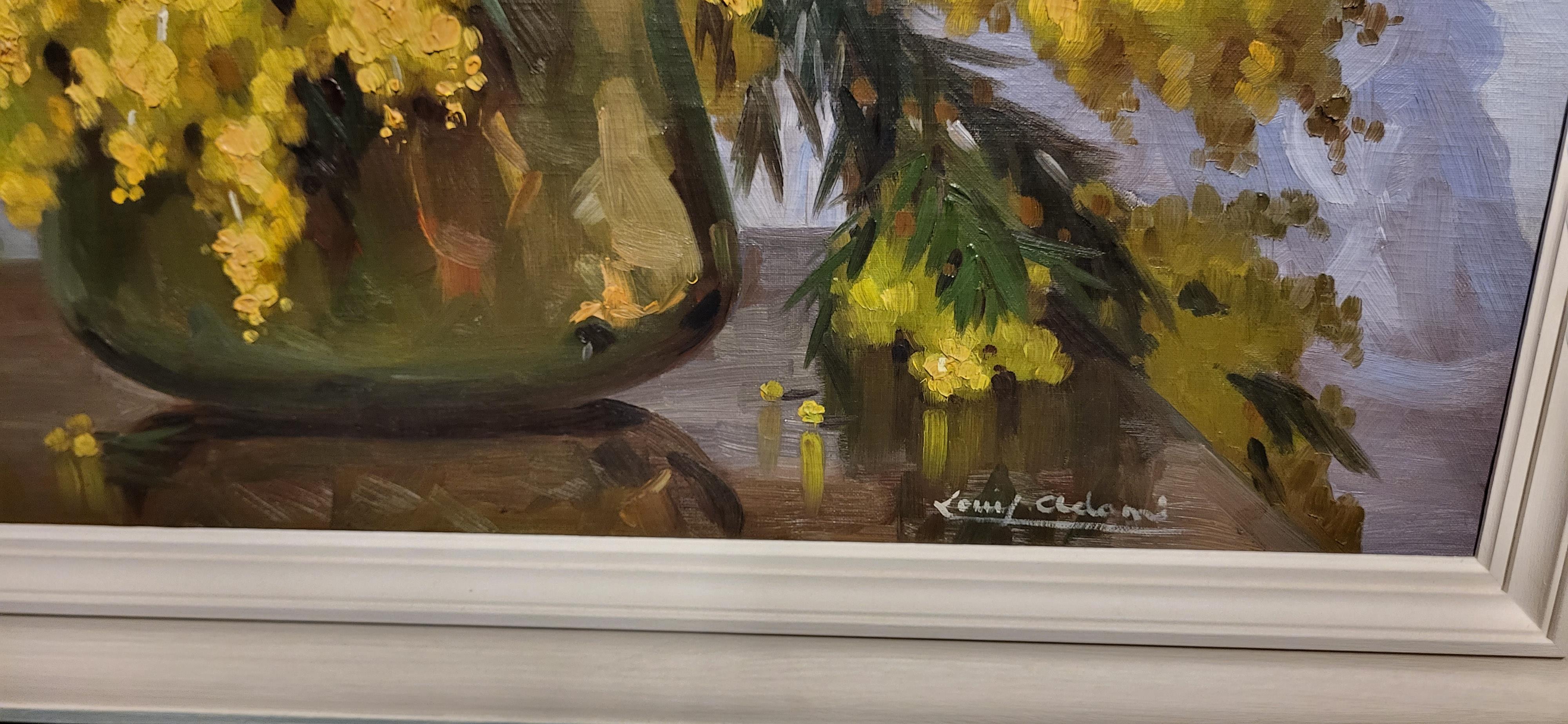 LOUIS ADAMS, A VINTAGE OIL ON CANVAS Still life, vase of yellow flowers, signed lower right, in a - Image 3 of 5