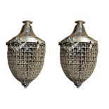 A PAIR OF CAST METAL AND GLASS ACORN BASKET CHANDELIER The white metal wire sections divided by