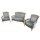 A LATE 19TH CENTURY FRENCH TWO SEAT SETTEE AND A PAIR OF MATCHING CHAIRS The distressed pale blue