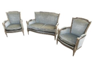 A LATE 19TH CENTURY FRENCH TWO SEAT SETTEE AND A PAIR OF MATCHING CHAIRS The distressed pale blue