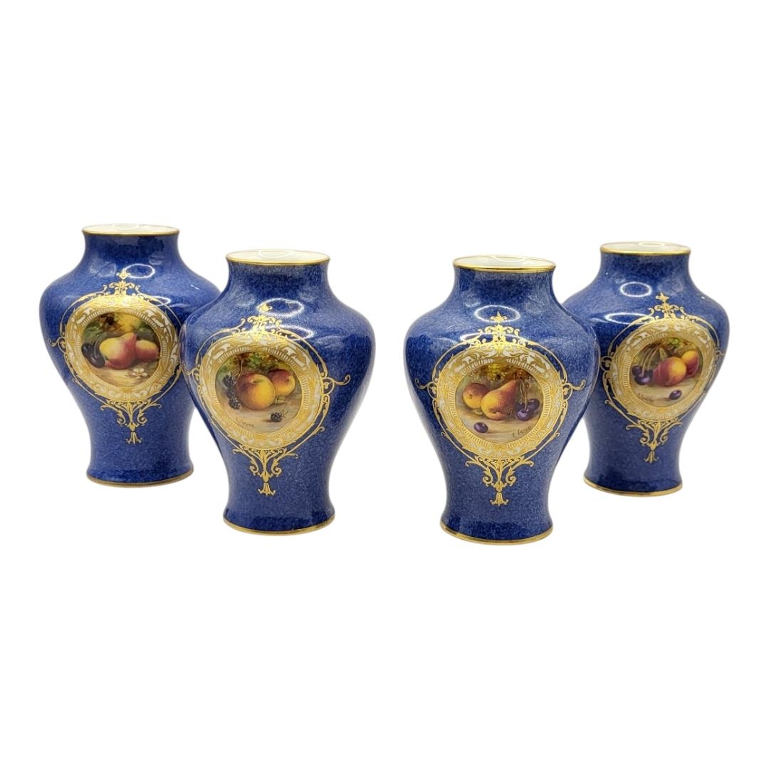 ROYAL WORCESTER, A SET OF FOUR PORCELAIN BALUSTER SHAPED VASES, CIRCA 1930 Painted with fallen - Image 3 of 9