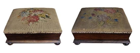 A PAIR OF VICTORIAN ROSEWOOD NEEDLEPOINT UPHOLSTERED FOOTRESTS Having floral bouquet design on a
