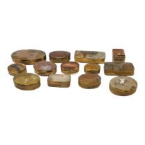 A COLLECTION OF TWELVE GOLD PLATE AND HARDSTONE SNUFF BOXES Having engraved decoration to frame.