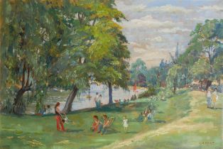 DENNIS GILBERT, ENGLISH, B. 1922, OIL ON CANVAS Titled ‘The Thames at Richmond, London’, signed