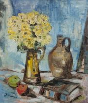 A 20TH CENTURY CONTINENTAL OIL ON CANVAS, STILL LIFE, VASE OF FLOWERS WITH FLAGON Signed lower