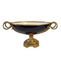 A 19TH CENTURY FRENCH EMPIRE STYLE GILDED BRONZE ORMOLU MOUNTED HARD PASTE PORCELAIN MIDNIGHT BLUE