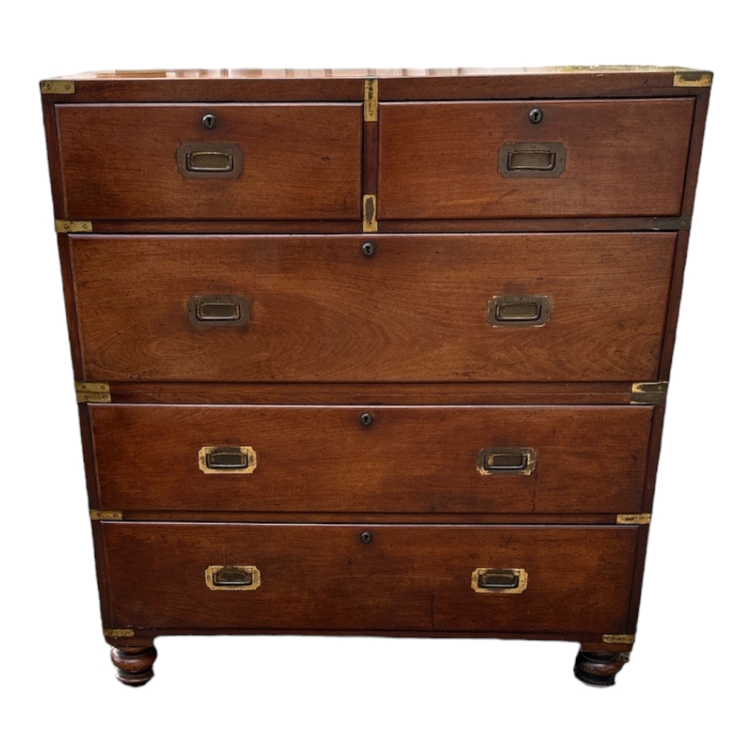 A 19TH CENTURY TEAK MILITARY CHEST Two over three drawers, brass recessed handles, in two