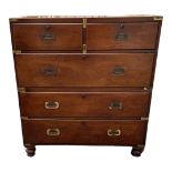 A 19TH CENTURY TEAK MILITARY CHEST Two over three drawers, brass recessed handles, in two