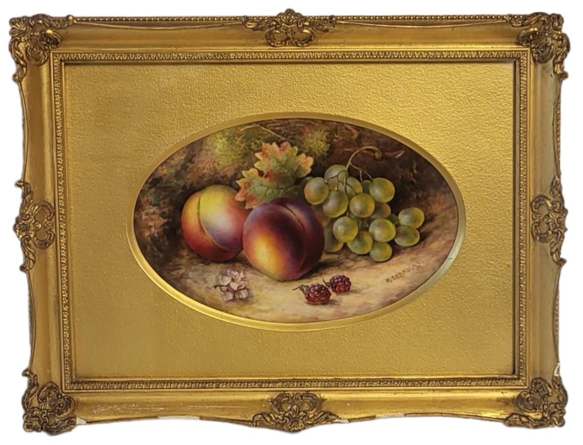 R. SEBRIGHT FOR ROYAL WORCESTER, FINE PORCELAIN OVAL PLAQUE Painted with fallen fruit, dated 1926, - Image 3 of 7