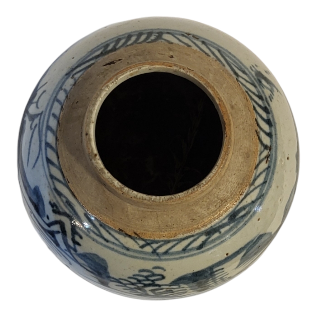 A CHINESE QING DYNASTY BLUE AND WHITE GINGER JAR Underglaze monochrome painted with provincial naive - Image 6 of 9