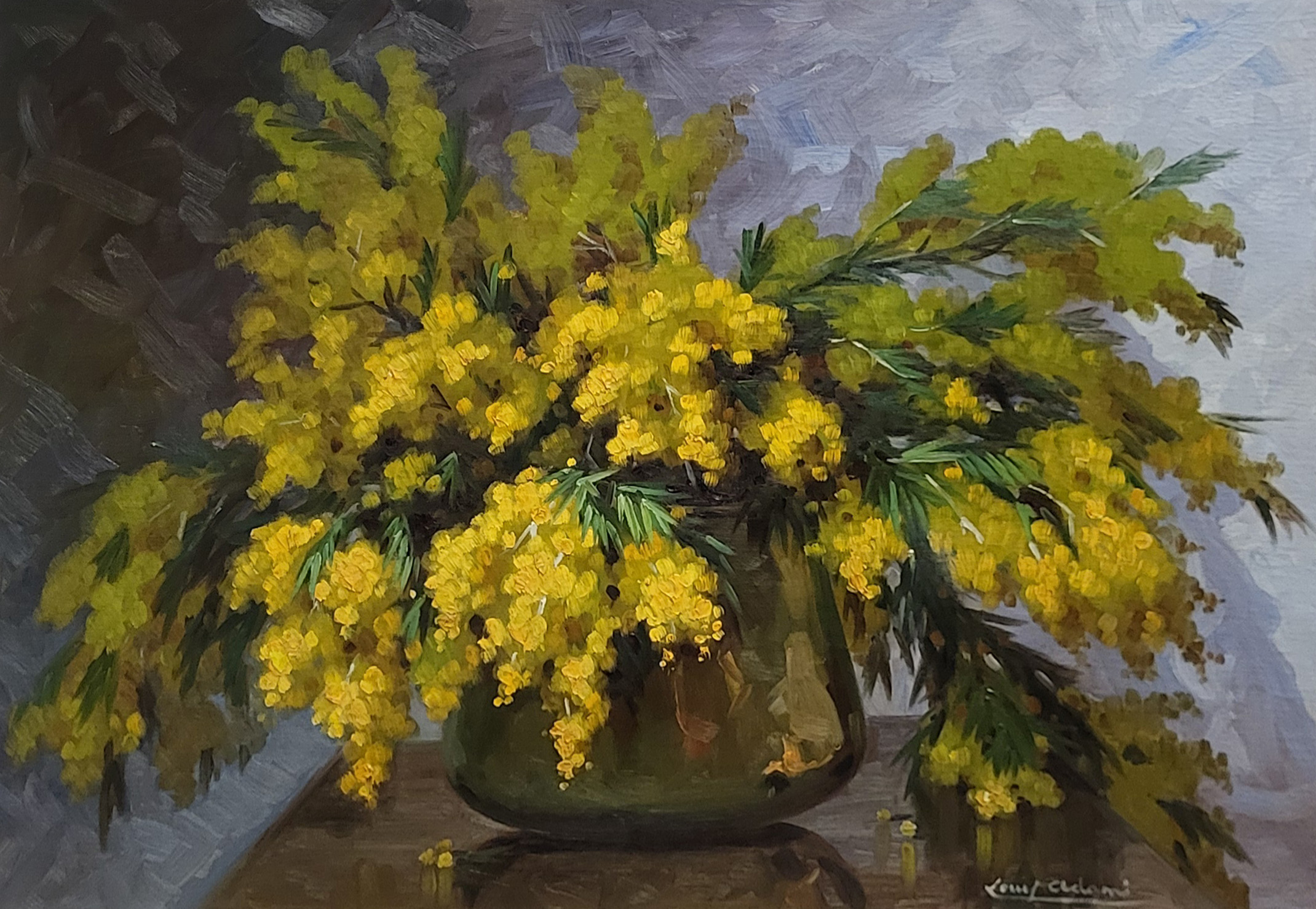 LOUIS ADAMS, A VINTAGE OIL ON CANVAS Still life, vase of yellow flowers, signed lower right, in a - Image 2 of 5
