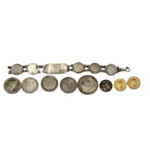 A COLLECTION OF PRE 1947 SILVER COINS To include a bracelet made from three pence pieces, together