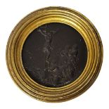 A LATE 18TH/EARLY 19TH CENTURY BRONZE ECCLESIASTICAL ROUNDEL Embossed with a crucifixion figural