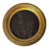 A LATE 18TH/EARLY 19TH CENTURY BRONZE ECCLESIASTICAL ROUNDEL Embossed with a crucifixion figural