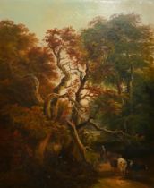 JOHN JOSEPH BARKER, 1824 - 1904, OIL ON CANVAS Landscape, titled 'The Wooden Path', a woman