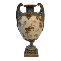 ROYAL WORCESTER, A LOUIS XVI ROCOCO STYLE JEWELLED TWIN HANDLED CENTREPIECE VASE On square